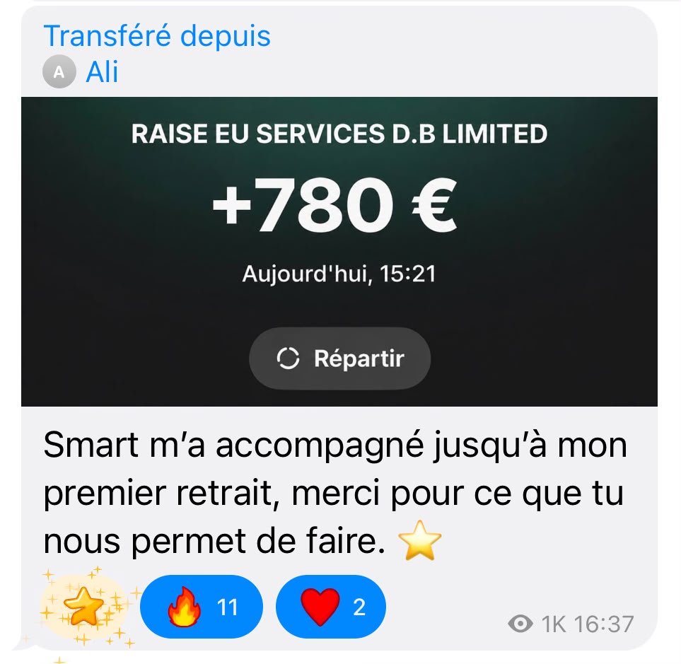Ali partage une capture de transfert et un message de remerciement pour son accompagnement.