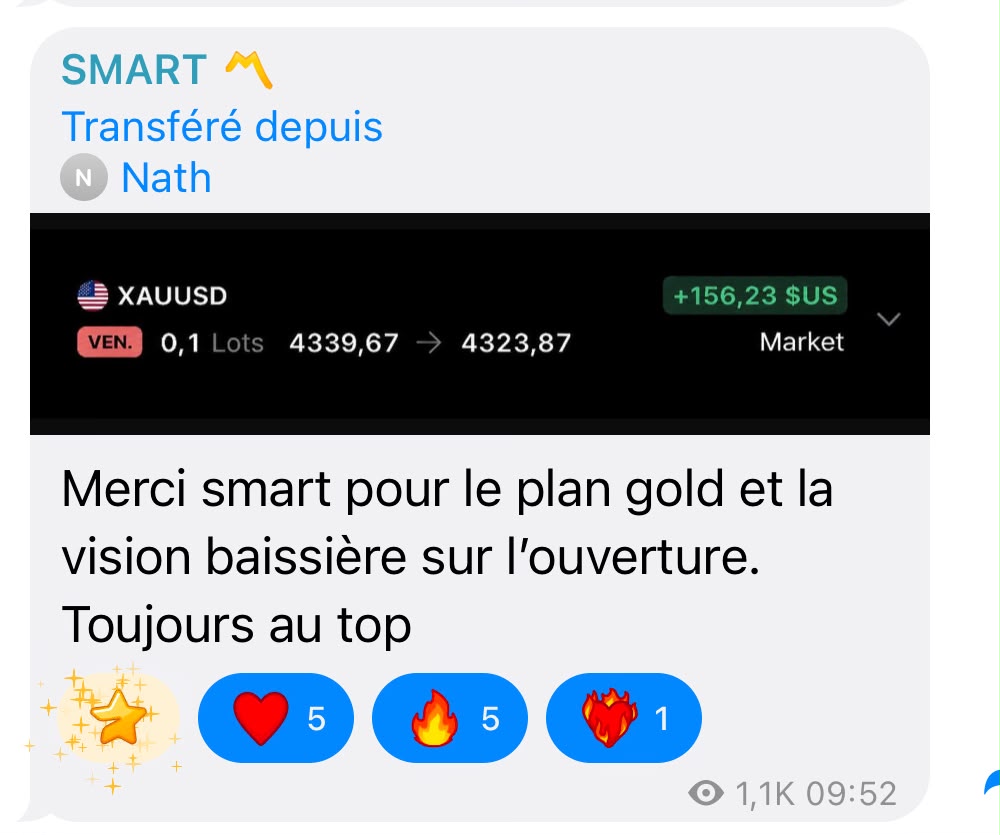 Nath partage une opération sur le gold et remercie Smart pour son analyse.