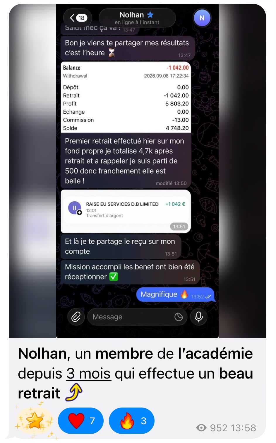 Nolhan partage des captures de son historique et d’un retrait, avec des messages échangés avec Smart.