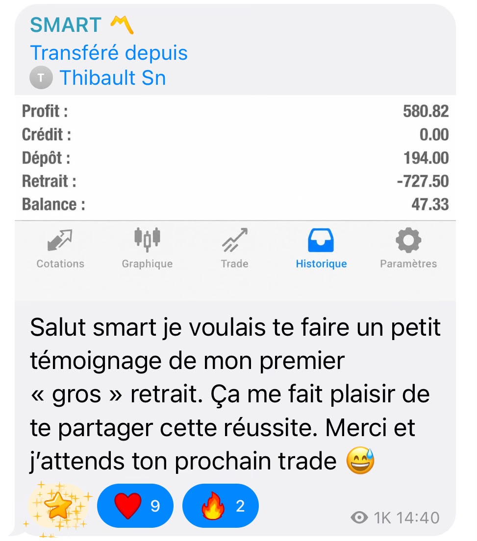 Thibault partage un historique de compte et un message à propos de son premier retrait important.
